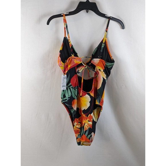 Shade & Shore Swim One Piece Swimsuit Front Keyhole Tie Back Shade Shore Black Floral L